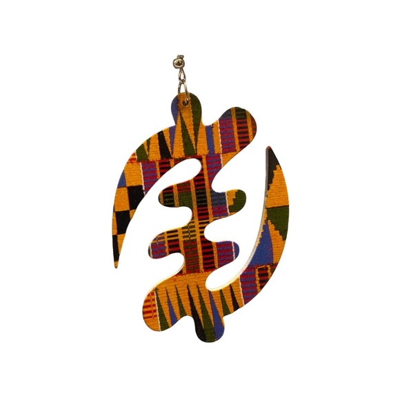 Adinkra Gye Nyame African Print Wooden Earrings 3IN - Picture 4 of 5